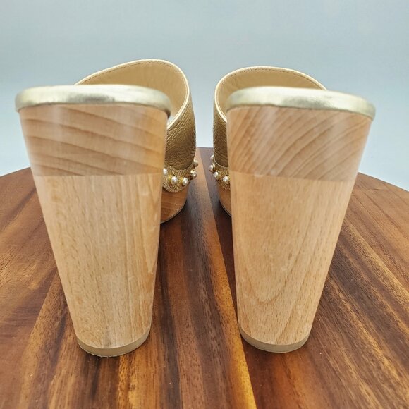 Stuart Weitzman Clog Sandals Women's 7.5 B Metallic Leather Faux Pearl Stud Heel - Picture 5 of 11